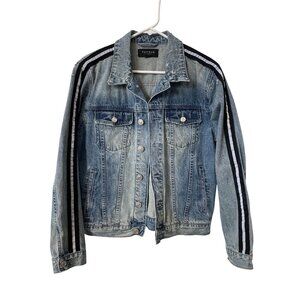 Pacsun Denim Trucker Jacket Size Small Distressed Button Up Striped Sleeve Retro